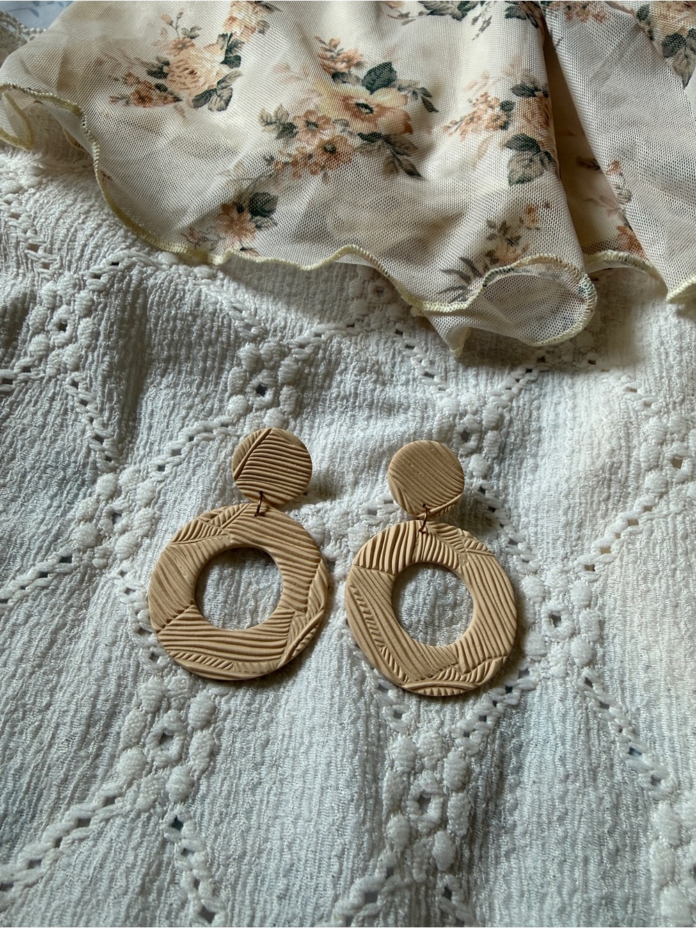 Beige Round Open-Hoop Dangle Earrings